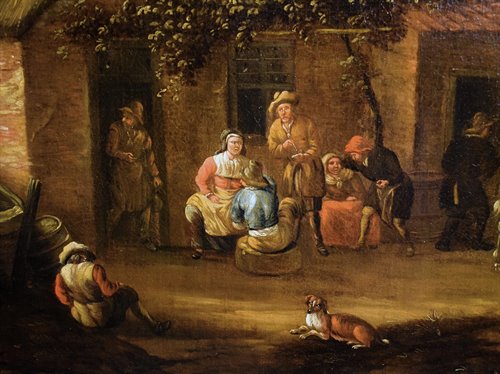 Personnages et chevaliers dans la cour de la taverne.